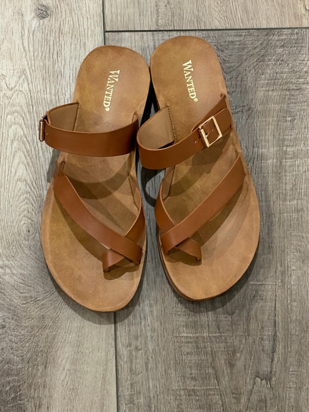 WANTED Tan Brown Leather Buckle-Strap Women's Sandals